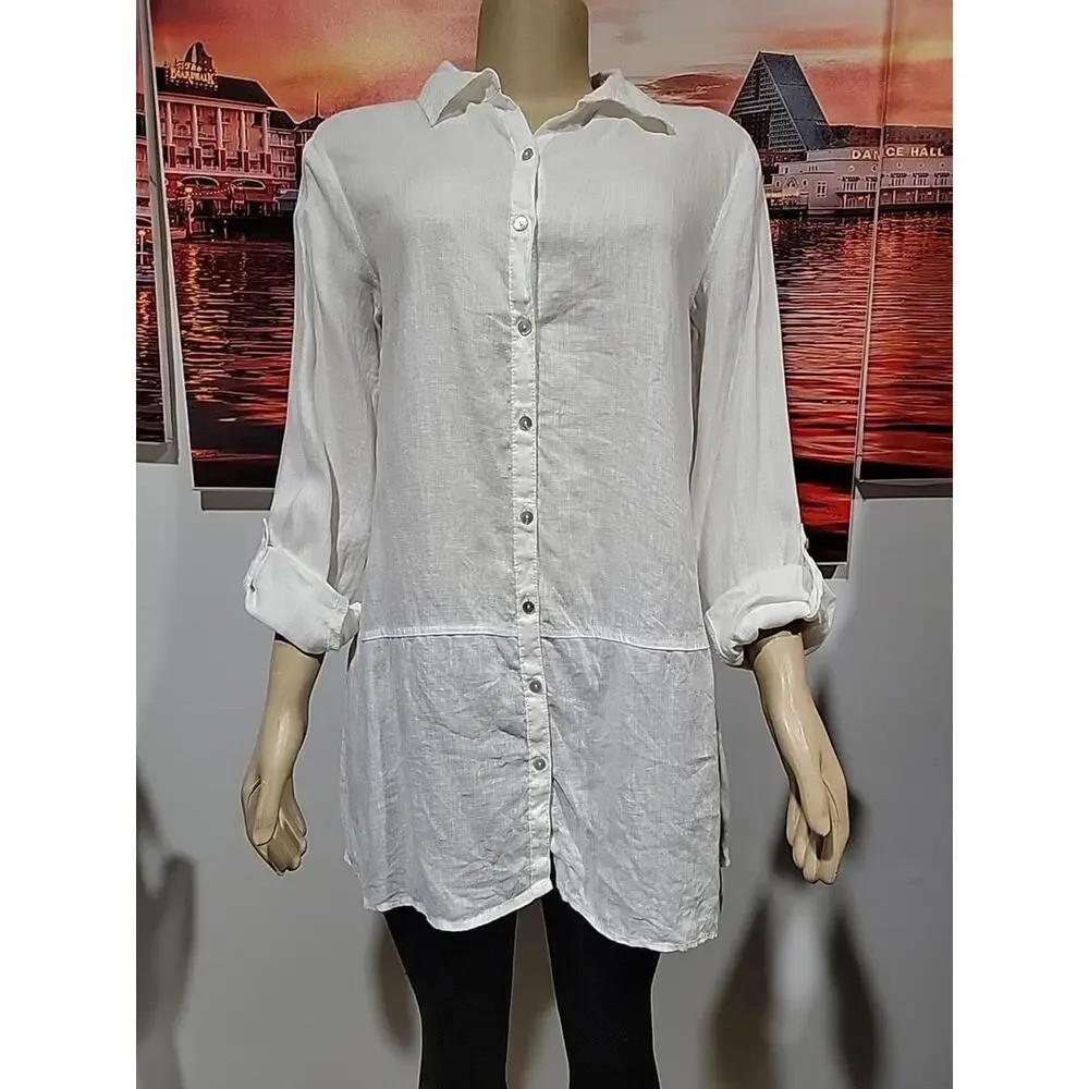 Tahari 100% Linen White Size M Roll-tab Sleeves Button Down Shirt Tunic Top #C - Picture 8 of 12